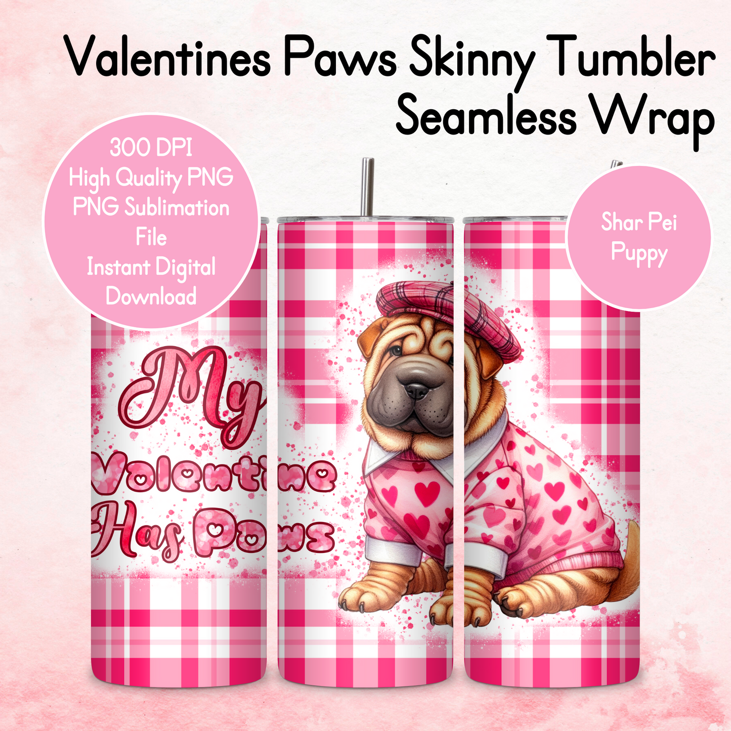 Pink Tartan Valentines Paws Tumbler Wrap - Shar Pei