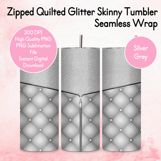 Zipped Quilted Diamante Quilted Skinny Tumbler Wrap - Silver Grey